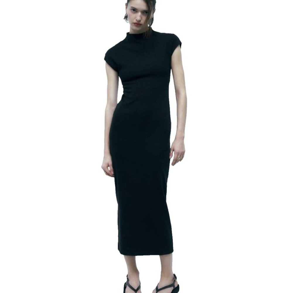 ZARA Black High Neck Cap Sleeves Bodycon Midi Dress Sz M